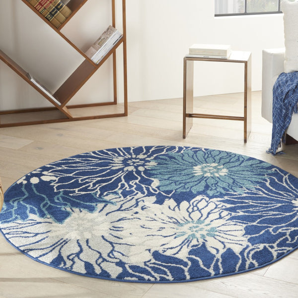 HomeRoots 5' Blue and Ivory Floral Area Rug - Timeless Elegance for Living Rooms & High-Traffic Spaces 5? Round 385480