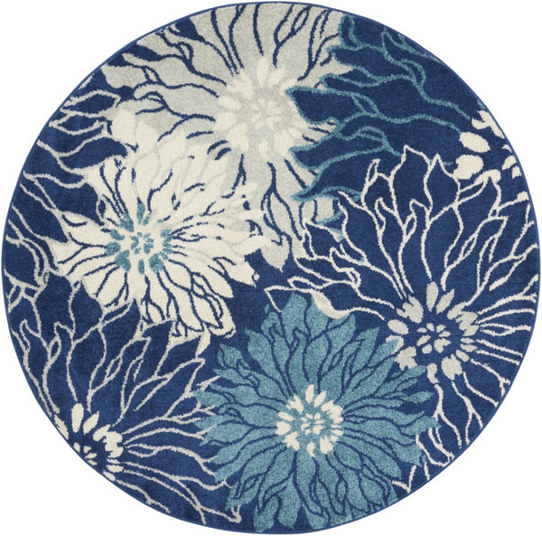 HomeRoots 5' Blue and Ivory Floral Area Rug - Timeless Elegance for Living Rooms & High-Traffic Spaces 5? Round 385480