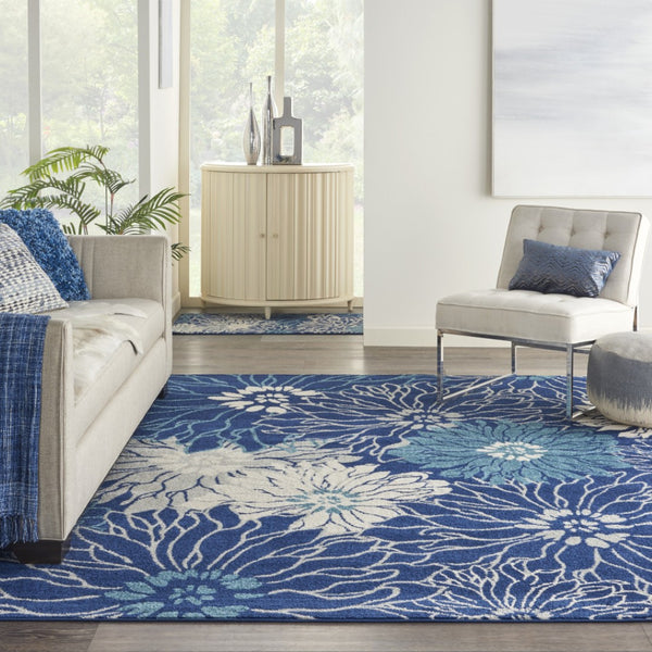 HomeRoots 5' Blue and Ivory Floral Area Rug - Timeless Elegance for Living Rooms & High-Traffic Spaces 7? x 10? 385481