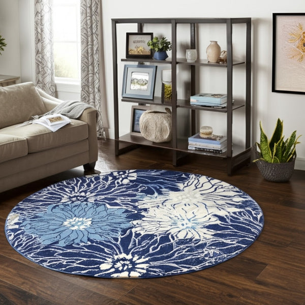 HomeRoots 5' Blue and Ivory Floral Area Rug - Timeless Elegance for Living Rooms & High-Traffic Spaces 8? Round 385483