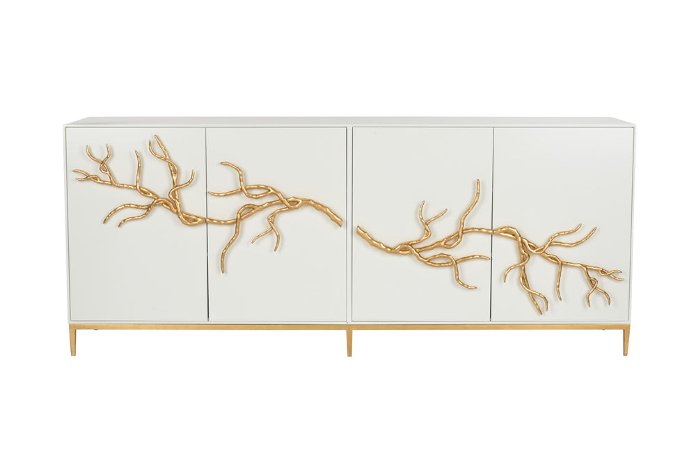 Chelsea House Branch Cabinet With Sculptural Gold Branch Pulls — Shayla Copas White Wood Buffet For Luxe Storage 385493