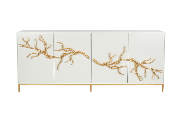 Chelsea House Branch Cabinet With Sculptural Gold Branch Pulls — Shayla Copas White Wood Buffet For Luxe Storage 385493