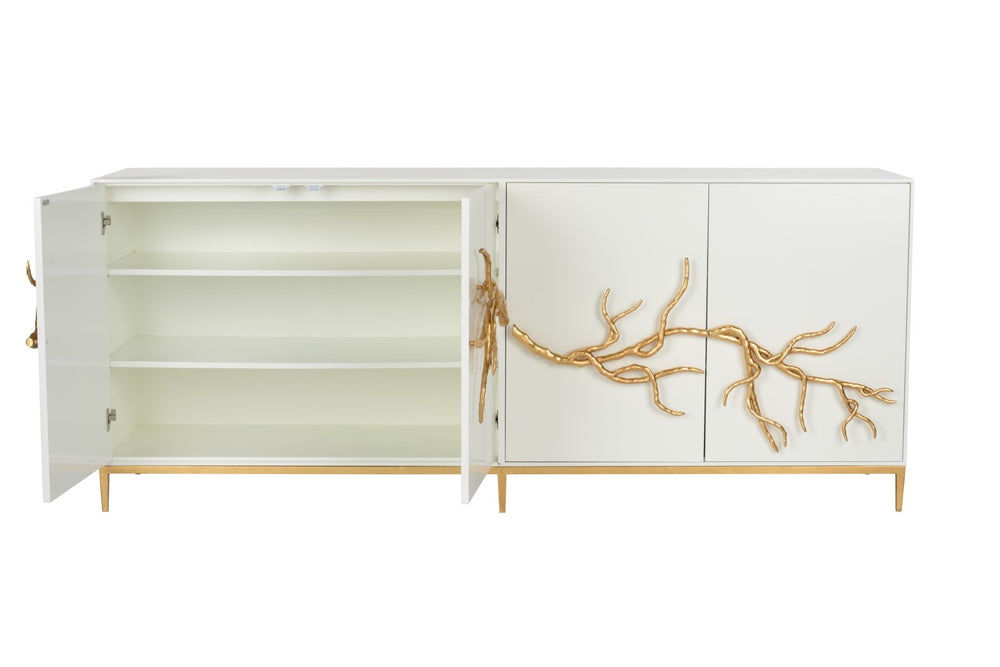 Chelsea House Branch Cabinet With Sculptural Gold Branch Pulls — Shayla Copas White Wood Buffet For Luxe Storage 385493
