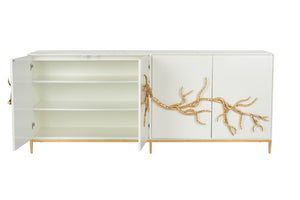 Chelsea House Branch Cabinet With Sculptural Gold Branch Pulls — Shayla Copas White Wood Buffet For Luxe Storage 385493