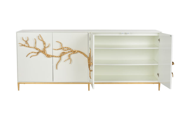 Chelsea House Branch Cabinet With Sculptural Gold Branch Pulls — Shayla Copas White Wood Buffet For Luxe Storage 385493