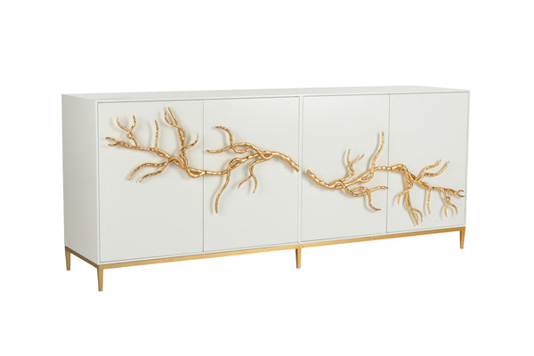 Chelsea House Branch Cabinet With Sculptural Gold Branch Pulls — Shayla Copas White Wood Buffet For Luxe Storage 385493