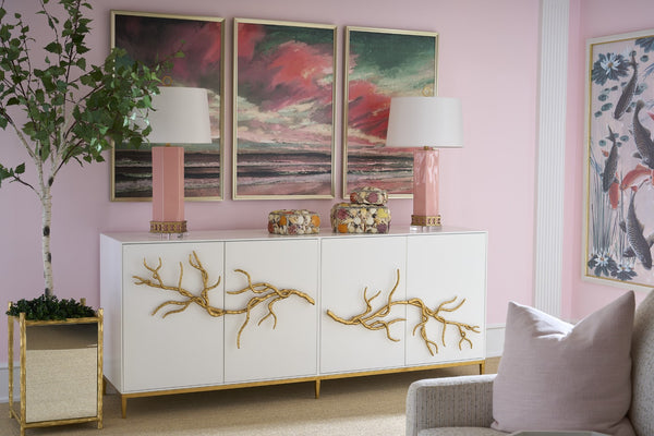 Chelsea House Branch Cabinet With Sculptural Gold Branch Pulls — Shayla Copas White Wood Buffet For Luxe Storage 385493