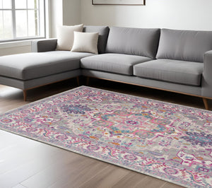 HomeRoots 5' Light Gray and Pink Medallion Area Rug - Timeless Design for Cozy Living Spaces and Durability 7?x10? 385497