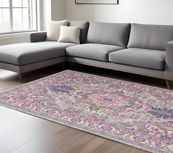 HomeRoots 5' Light Gray and Pink Medallion Area Rug - Timeless Design for Cozy Living Spaces and Durability 7?x10? 385497