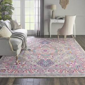 HomeRoots 5' Light Gray and Pink Medallion Area Rug - Timeless Design for Cozy Living Spaces and Durability 7?x10? 385497