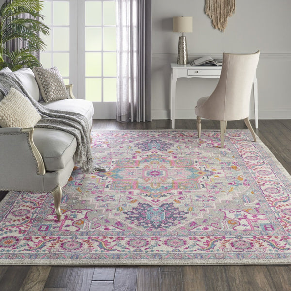 HomeRoots 5' Light Gray and Pink Medallion Area Rug - Timeless Design for Cozy Living Spaces and Durability 7?x10? 385497