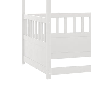 English Elm Twin Pine Canopy Bed Frame with Guardrails for Kids – Montessori Floor Bed with Four Poster Design and Cozy Decor Options White W1858P252838
