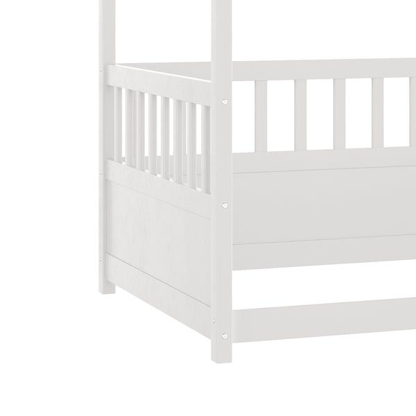 English Elm Twin Pine Canopy Bed Frame with Guardrails for Kids – Montessori Floor Bed with Four Poster Design and Cozy Decor Options White W1858P252838