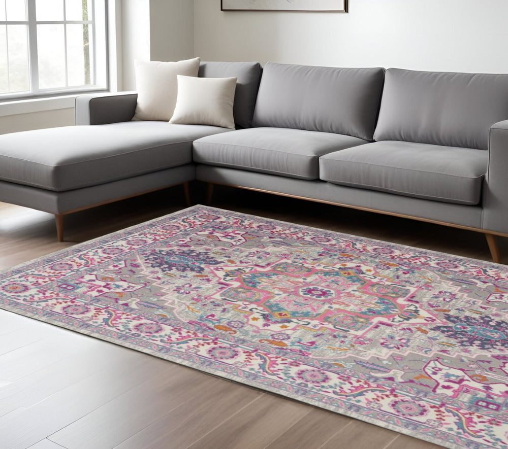 HomeRoots 5' Light Gray and Pink Medallion Area Rug - Timeless Design for Cozy Living Spaces and Durability 8?x10? 385498
