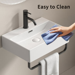 English Elm White Ceramic Wall Mount Bathroom Sink with Integrated Towel Rack for Small Spaces W3402P362473