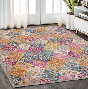 HomeRoots 5' Quatrefoil Distressed Area Rug in Gray Blue and Orange – Bohemian Style for Modern Homes 5' x 7' 385511