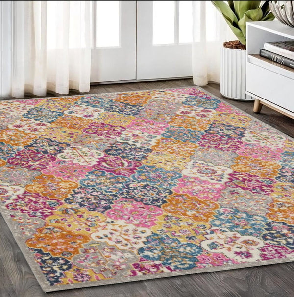 HomeRoots 5' Quatrefoil Distressed Area Rug in Gray Blue and Orange – Bohemian Style for Modern Homes 5' x 7' 385511