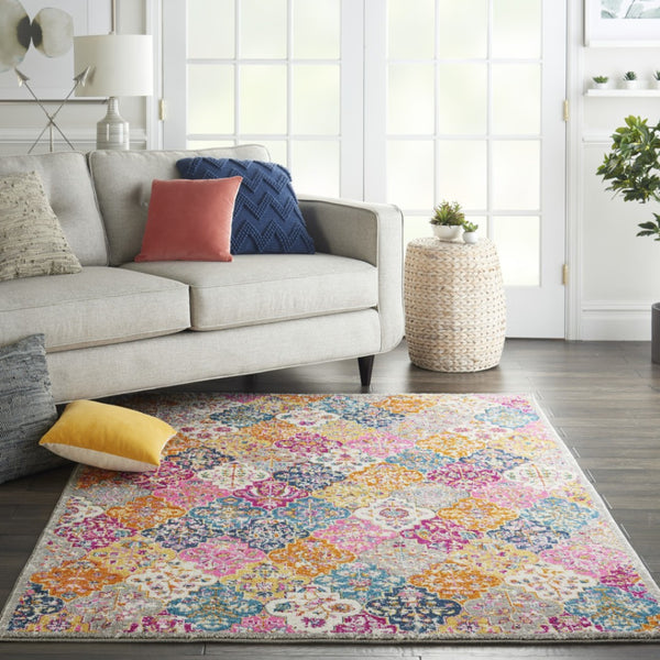 HomeRoots 5' Quatrefoil Distressed Area Rug in Gray Blue and Orange – Bohemian Style for Modern Homes 5' x 7' 385511