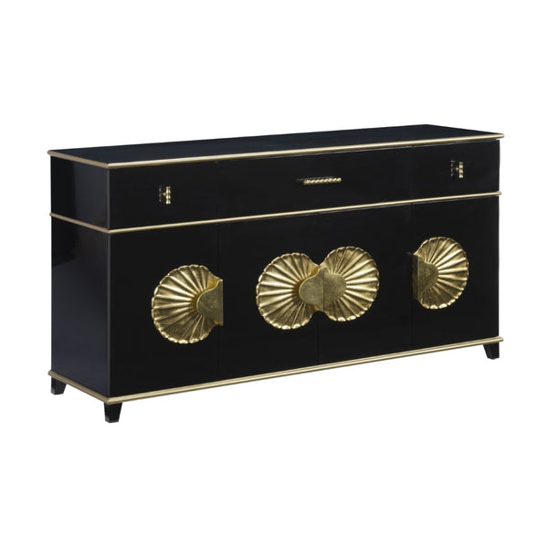 Chelsea House Palm Beach Buffet Cabinet — High-Gloss Piano Black With Gold Leaf Shell Accents, Luxe Storage Appeal 385513