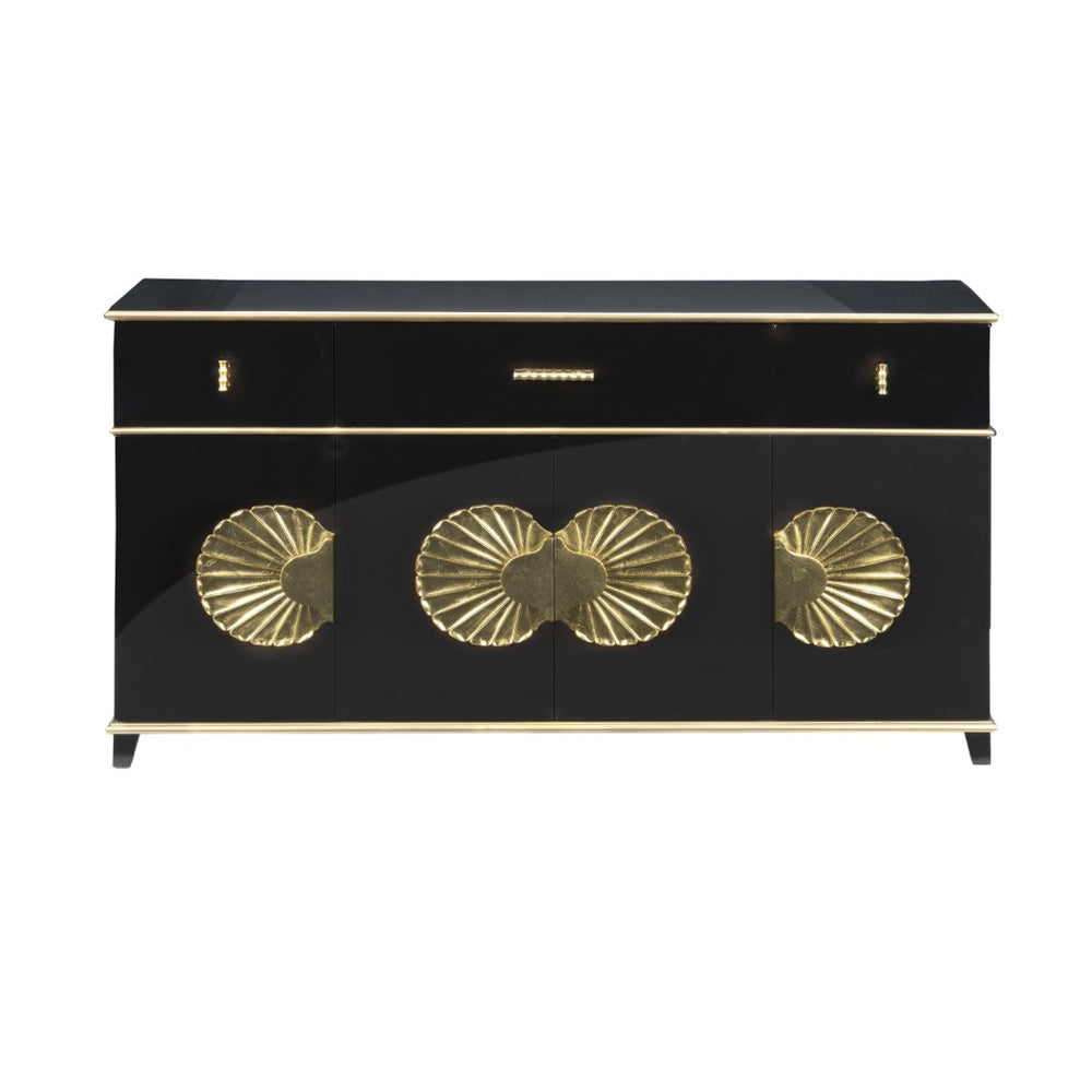 Chelsea House Palm Beach Buffet Cabinet — High-Gloss Piano Black With Gold Leaf Shell Accents, Luxe Storage Appeal 385513