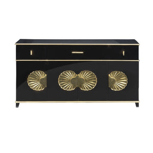 Chelsea House Palm Beach Buffet Cabinet — High-Gloss Piano Black With Gold Leaf Shell Accents, Luxe Storage Appeal 385513