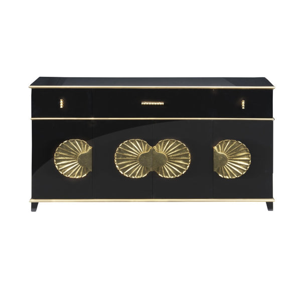 Chelsea House Palm Beach Buffet Cabinet — High-Gloss Piano Black With Gold Leaf Shell Accents, Luxe Storage Appeal 385513
