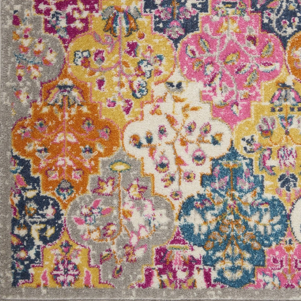 HomeRoots 5' Quatrefoil Distressed Area Rug in Gray Blue and Orange – Bohemian Style for Modern Homes 7' x 10' 385513