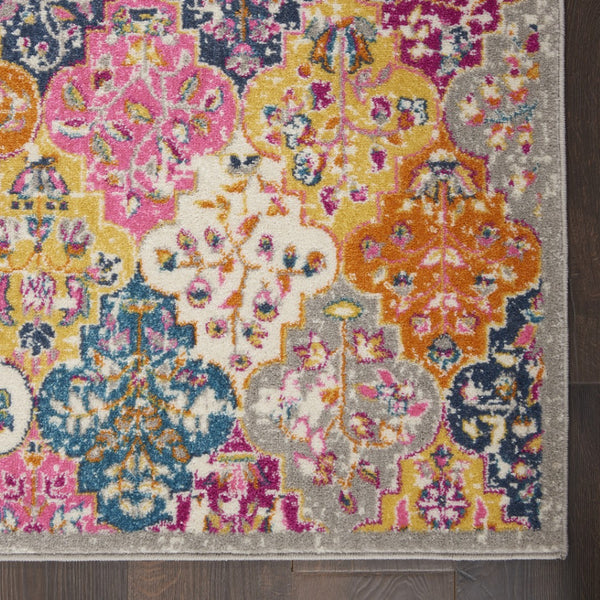 HomeRoots 5' Quatrefoil Distressed Area Rug in Gray Blue and Orange – Bohemian Style for Modern Homes 7' x 10' 385513