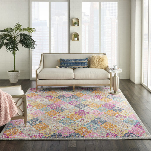 HomeRoots 5' Quatrefoil Distressed Area Rug in Gray Blue and Orange – Bohemian Style for Modern Homes 7' x 10' 385513