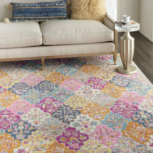HomeRoots 5' Quatrefoil Distressed Area Rug in Gray Blue and Orange – Bohemian Style for Modern Homes 7' x 10' 385513
