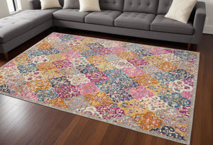 HomeRoots 5' Quatrefoil Distressed Area Rug in Gray Blue and Orange – Bohemian Style for Modern Homes 8' x 10' 385514