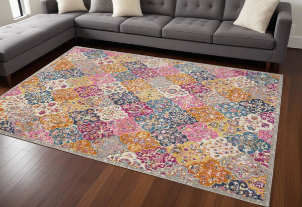 HomeRoots 5' Quatrefoil Distressed Area Rug in Gray Blue and Orange – Bohemian Style for Modern Homes 8' x 10' 385514