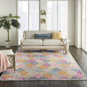 HomeRoots 5' Quatrefoil Distressed Area Rug in Gray Blue and Orange – Bohemian Style for Modern Homes 8' x 10' 385514