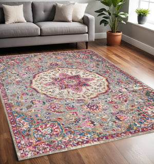 HomeRoots 5' Gray and Ivory Medallion Area Rug - Timeless Elegance for Living Spaces, Soft and Durable Design 5' X 7' Rectangle 385521