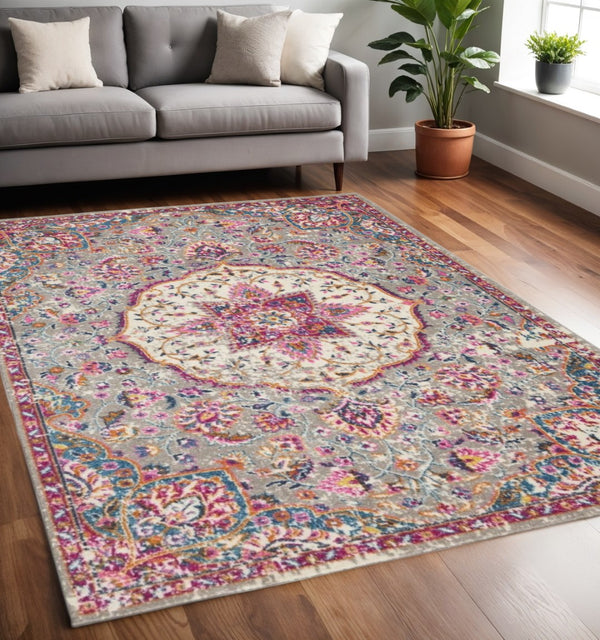 HomeRoots 5' Gray and Ivory Medallion Area Rug - Timeless Elegance for Living Spaces, Soft and Durable Design 5' X 7' Rectangle 385521