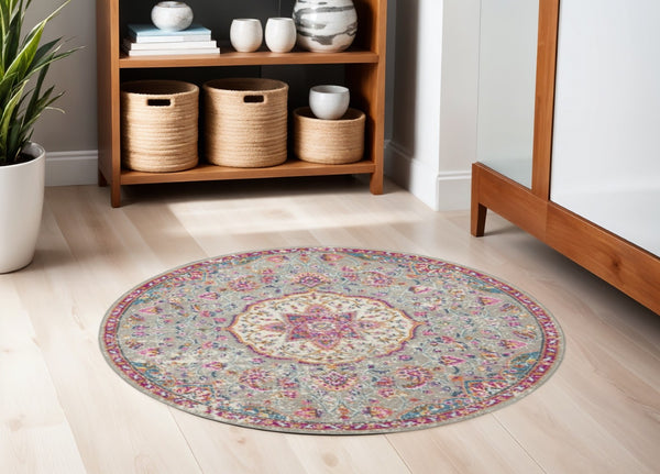 HomeRoots 5' Gray and Ivory Medallion Area Rug - Timeless Elegance for Living Spaces, Soft and Durable Design 5' Round Round 385522