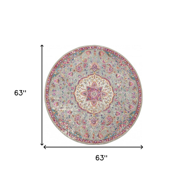 HomeRoots 5' Gray and Ivory Medallion Area Rug - Timeless Elegance for Living Spaces, Soft and Durable Design 5' Round Round 385522