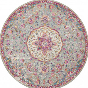 HomeRoots 5' Gray and Ivory Medallion Area Rug - Timeless Elegance for Living Spaces, Soft and Durable Design 5' Round Round 385522