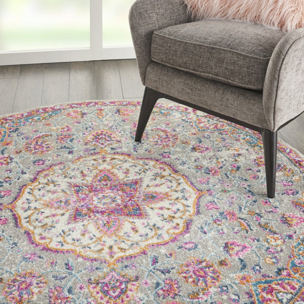 HomeRoots 5' Gray and Ivory Medallion Area Rug - Timeless Elegance for Living Spaces, Soft and Durable Design 5' Round Round 385522