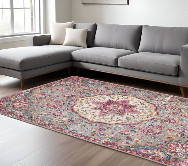 HomeRoots 5' Gray and Ivory Medallion Area Rug - Timeless Elegance for Living Spaces, Soft and Durable Design 7' X 10' Rectangle 385523