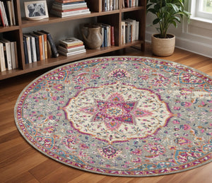 HomeRoots 5' Gray and Ivory Medallion Area Rug - Timeless Elegance for Living Spaces, Soft and Durable Design 8' Round Round 385525
