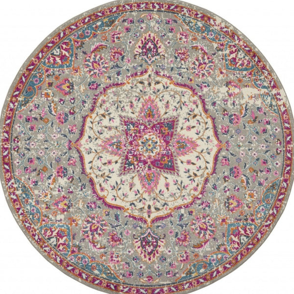 HomeRoots 5' Gray and Ivory Medallion Area Rug - Timeless Elegance for Living Spaces, Soft and Durable Design 8' Round Round 385525