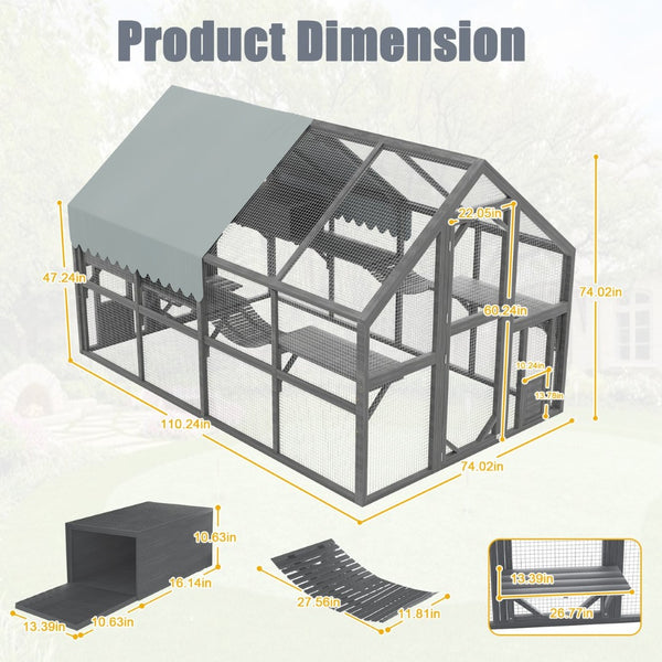 English Elm Cat, Cat Outdoor Wooden Enclosure with Seven Platforms Resting Boxes and Waterproof Canopy W1598S00040