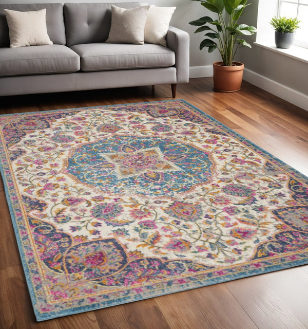 HomeRoots 5' Ivory and Blue Medallion Area Rug – Elegant Traditional Design for Living Room or Dining Space 5' x 7' 385531