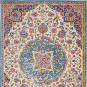 HomeRoots 5' Ivory and Blue Medallion Area Rug – Elegant Traditional Design for Living Room or Dining Space 5' x 7' 385531