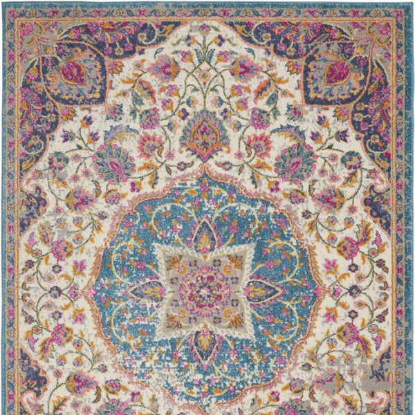 HomeRoots 5' Ivory and Blue Medallion Area Rug – Elegant Traditional Design for Living Room or Dining Space 5' x 7' 385531