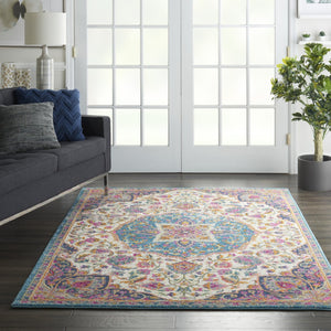 HomeRoots 5' Ivory and Blue Medallion Area Rug – Elegant Traditional Design for Living Room or Dining Space 5' x 7' 385531