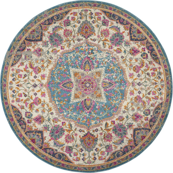HomeRoots 5' Ivory and Blue Medallion Area Rug – Elegant Traditional Design for Living Room or Dining Space 5' Round 385532