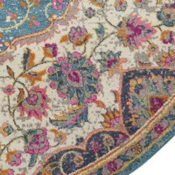 HomeRoots 5' Ivory and Blue Medallion Area Rug – Elegant Traditional Design for Living Room or Dining Space 5' Round 385532