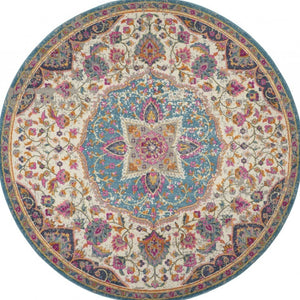 HomeRoots 5' Ivory and Blue Medallion Area Rug – Elegant Traditional Design for Living Room or Dining Space 5' Round 385532